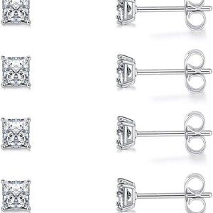 White Gold Plated Princess Cut Cubic Zirconia Stud Earrings Pack of 6 - 4mm